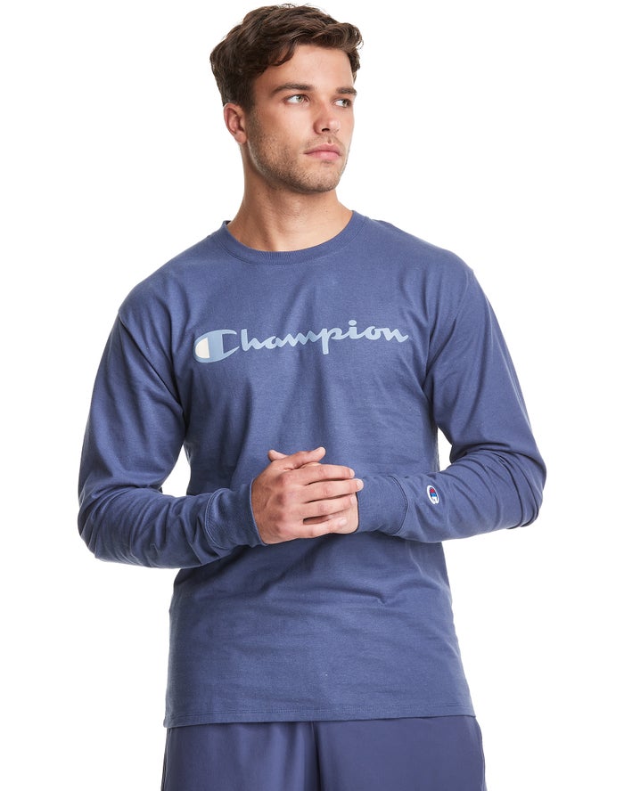 Camiseta Champion Hombre - Classic Long-Sleeve Script Logo ( Azules ) 3489176-FL